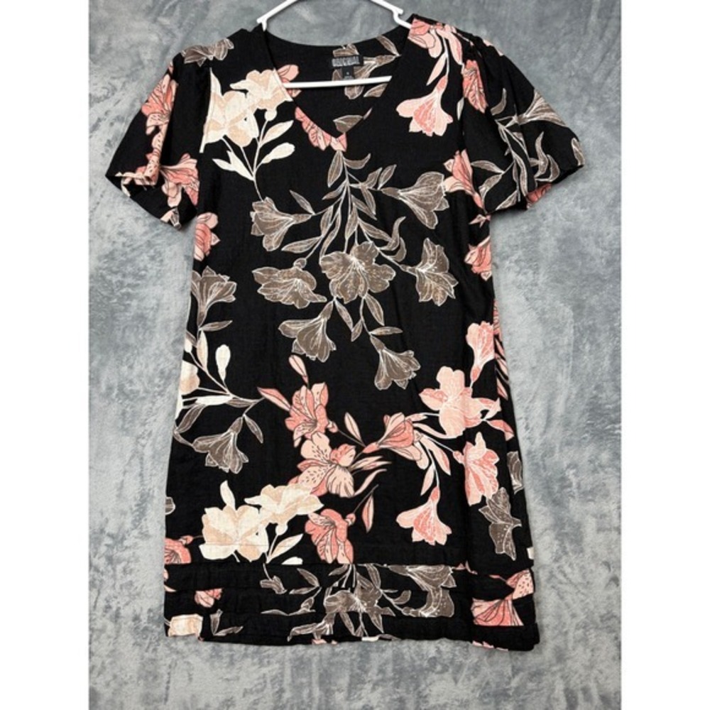 Nicole Miller Original Black Floral Linen Blend V-Neck Shift Dress Small